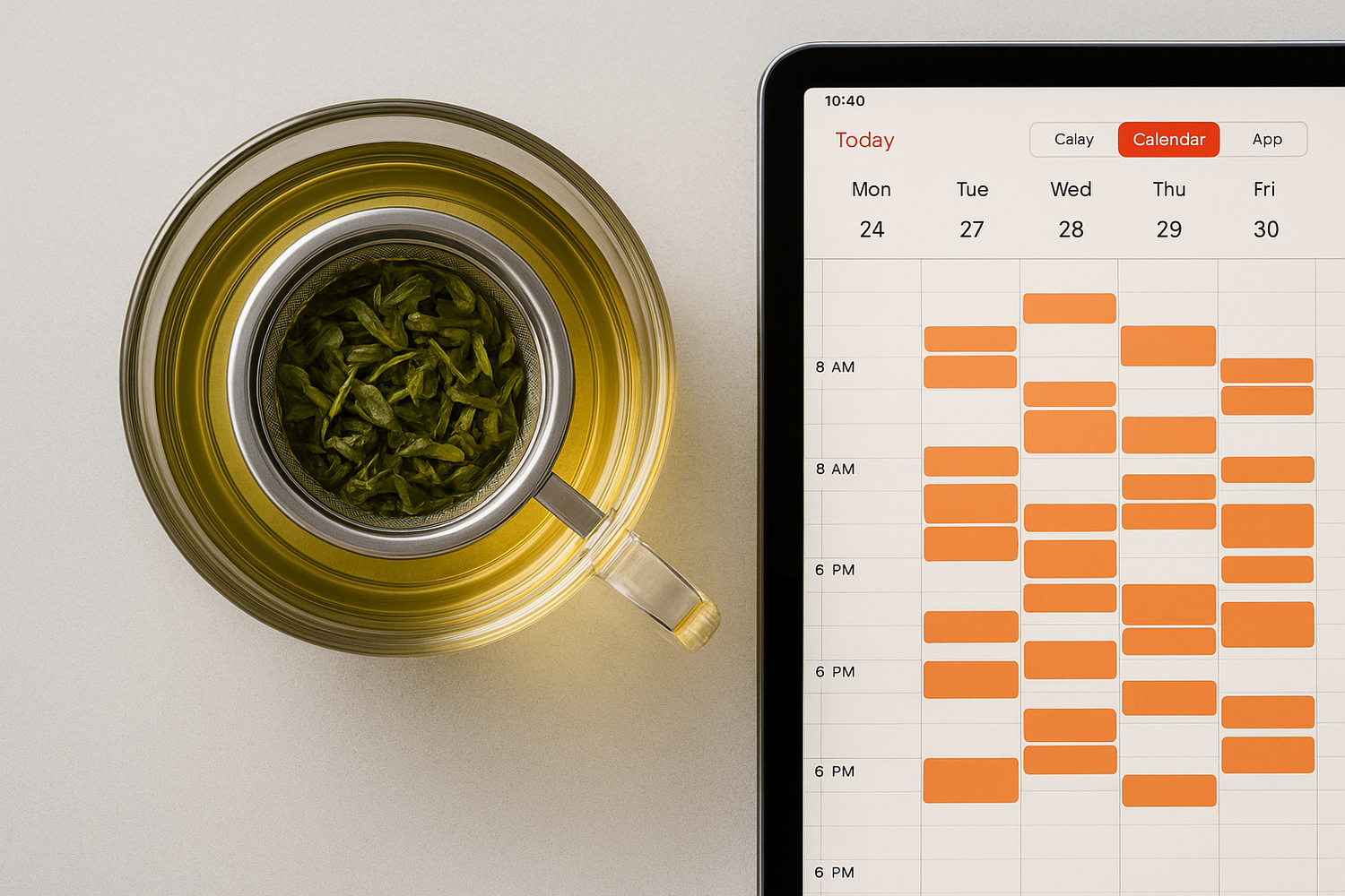 Erstelle mir ein Bild in dem Grüner Tee in einer Transparenten Glastasse Zieht. Die Umgebung soll ein Büro Tisch sein auf dem neben dem Tee ein iPad mit einem Kalender zu sehen ist der Kalender ist voller Termine. das Bild soll von oben geschossen sein und der Tee der zieht ist Loose Leaf denke also dran das in der Tasse ein Teesieb ist in dem der Tee zieht 